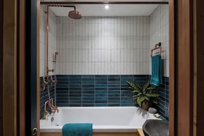 Ein Badezimmer mit Badewanne, Dusche und einer Zimmerpflanze.