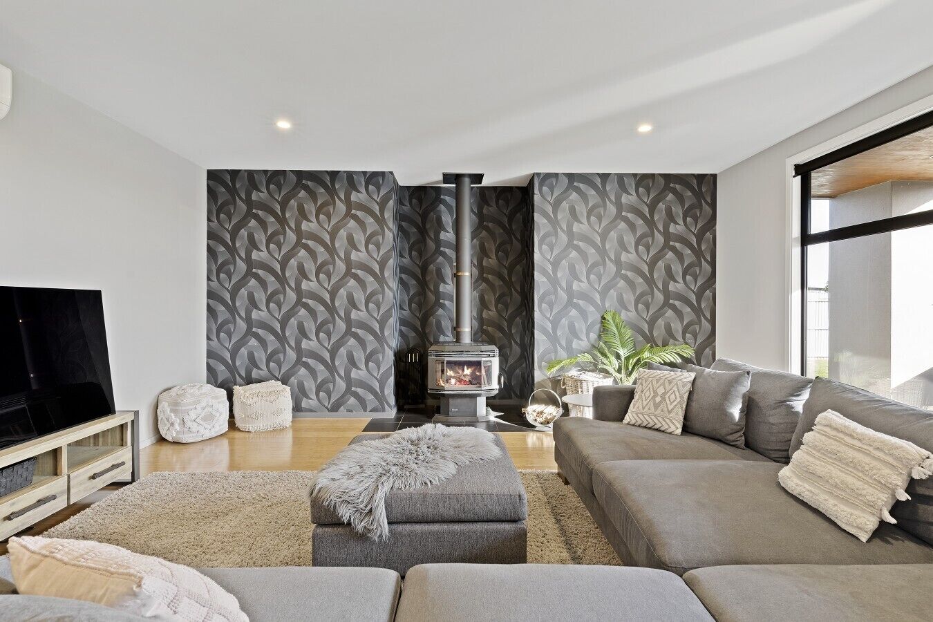 TV, fireplace, books