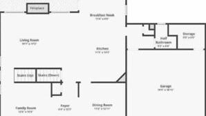 A floor plan with a living room, kitchen, dining room, family room, foyer, garage, and a fireplace. - Spacious Brick Home in Acworth – Perfect Family Getaway (Acworth)