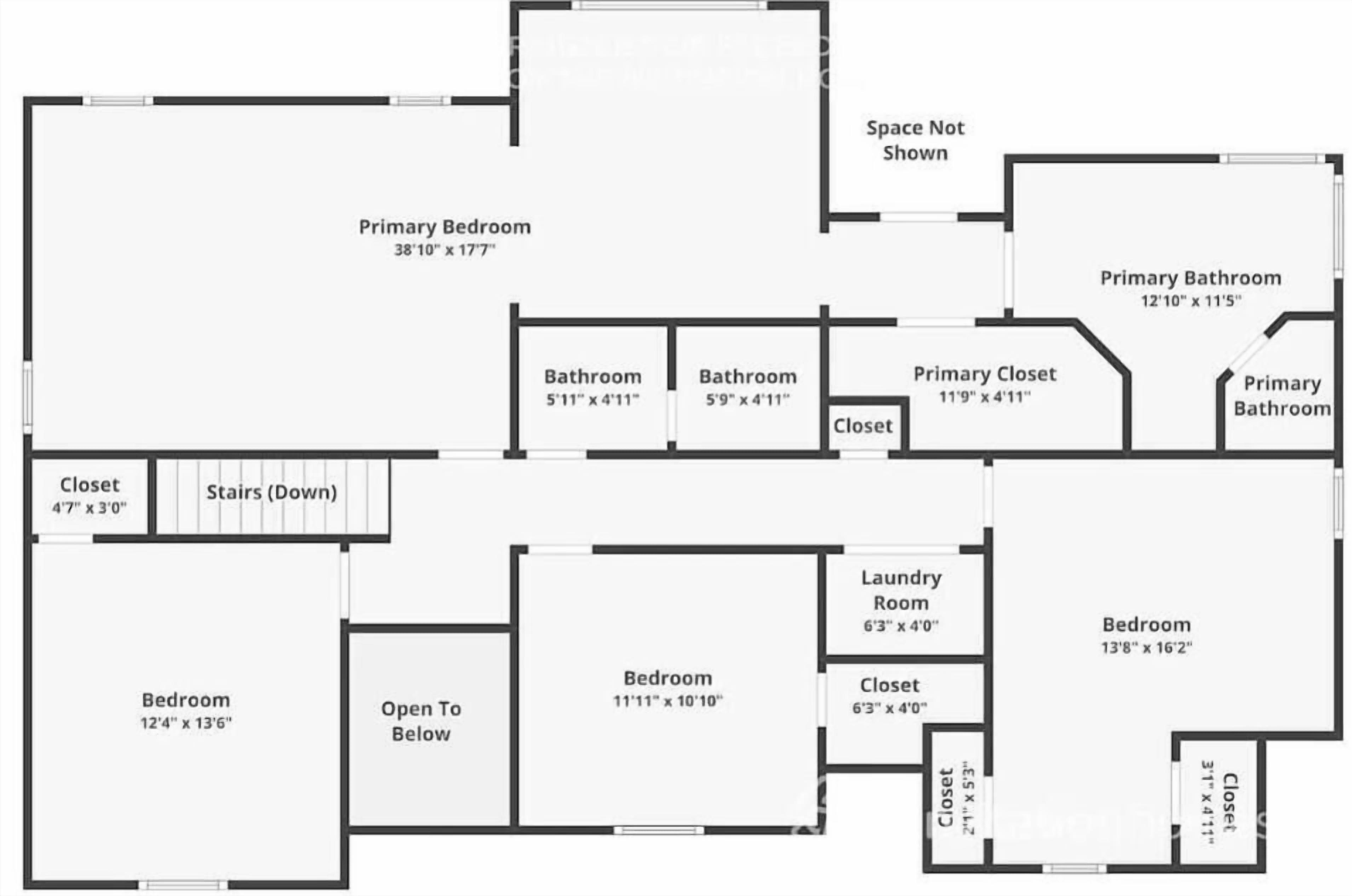 A floor plan with a primary bedroom, two bathrooms, a laundry room, and multiple closets.