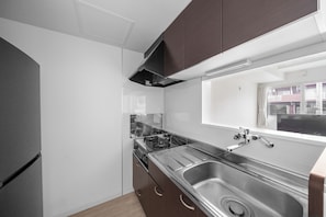 A modern kitchen with a stainless steel sink, a stove, and wooden cabinets. - PREGARE 103 (Sapporoshi)