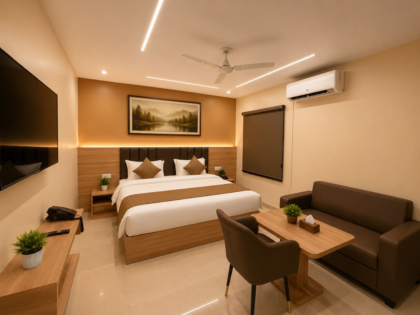A modern hotel room with a bed, a desk, a chair, a sofa, a ceiling fan, and an air conditioning unit.
