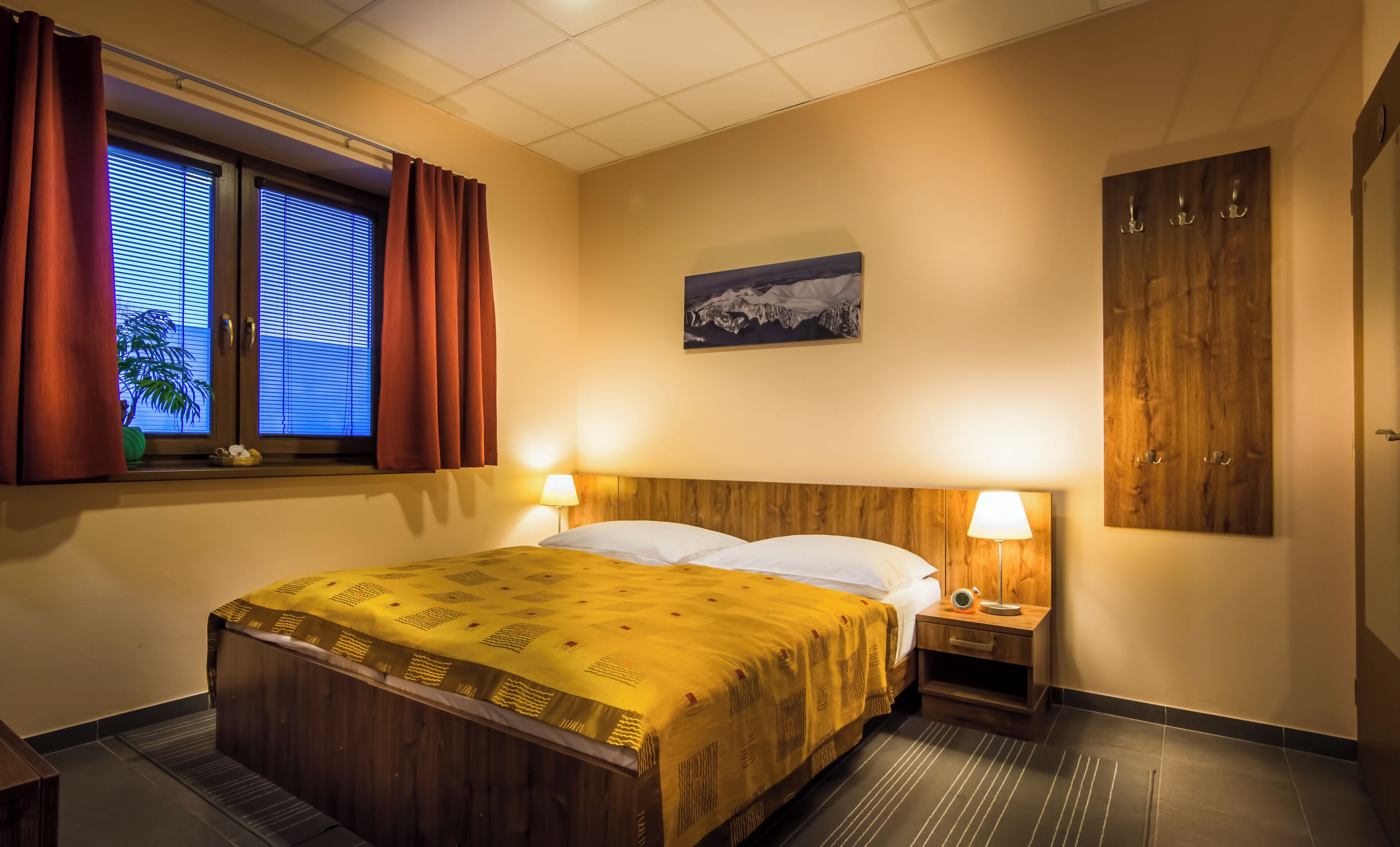 A hotel room with a bed, bedside lamps, a window with curtains, a wall-mounted picture, and a wooden wardrobe.