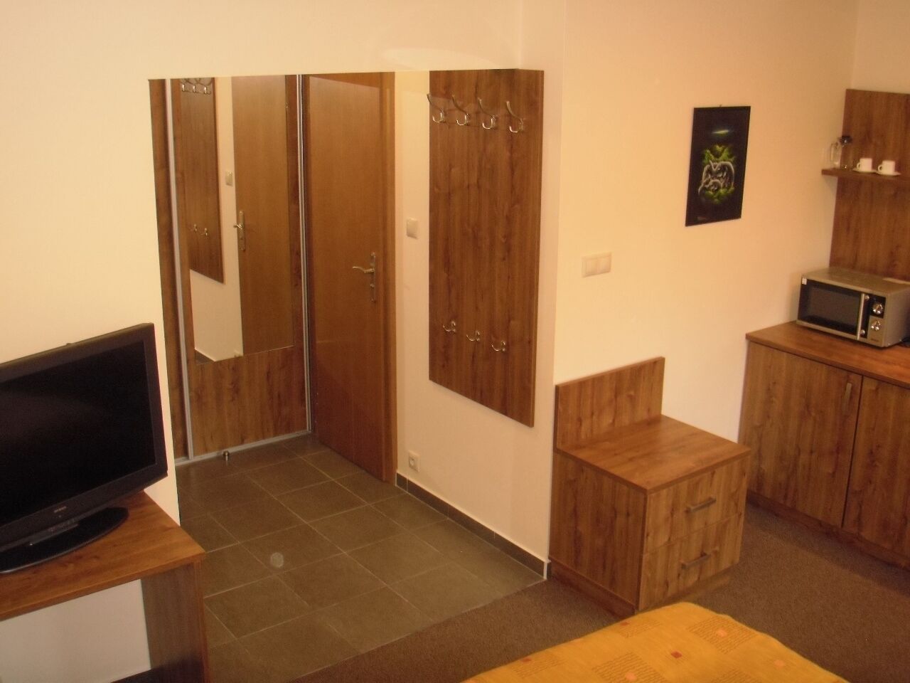 A compact room with a television, wooden wardrobe, a microwave, and a small table.