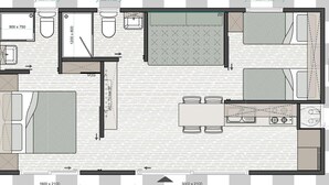 A hotel layout with a 1600 x 2100 bedroom, 3000 x 2100 living area, and a 900 x 750 bathroom.