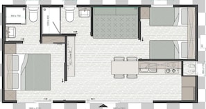 A hotel layout with a 1600 x 2100 bedroom, 3000 x 2100 living area, and a 900 x 750 bathroom. - Mobile home LAMA 980 - Comfortable mobile home for up to 6 people (Biograd na Moru)