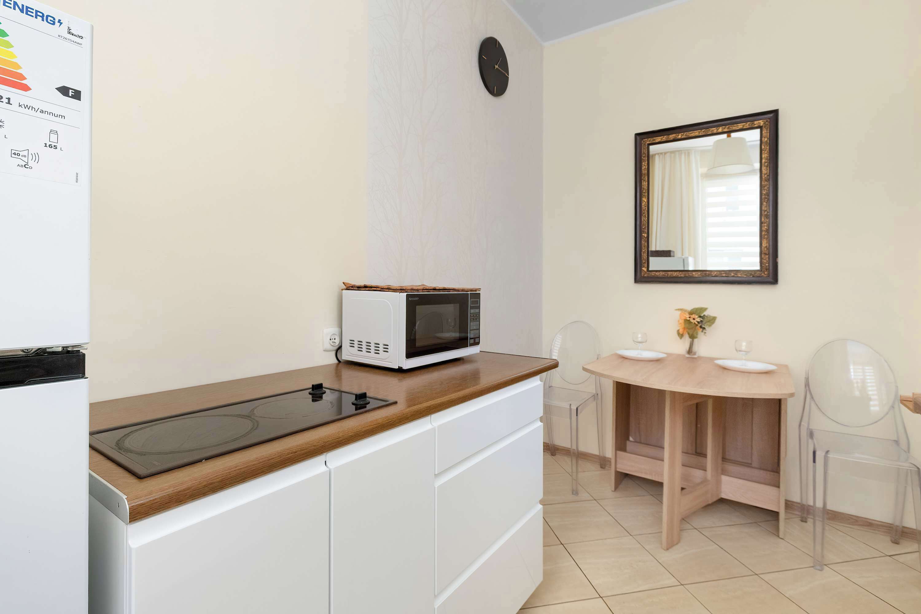 Fridge, microwave, stovetop, electric kettle