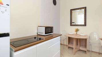 Fridge, microwave, stovetop, electric kettle