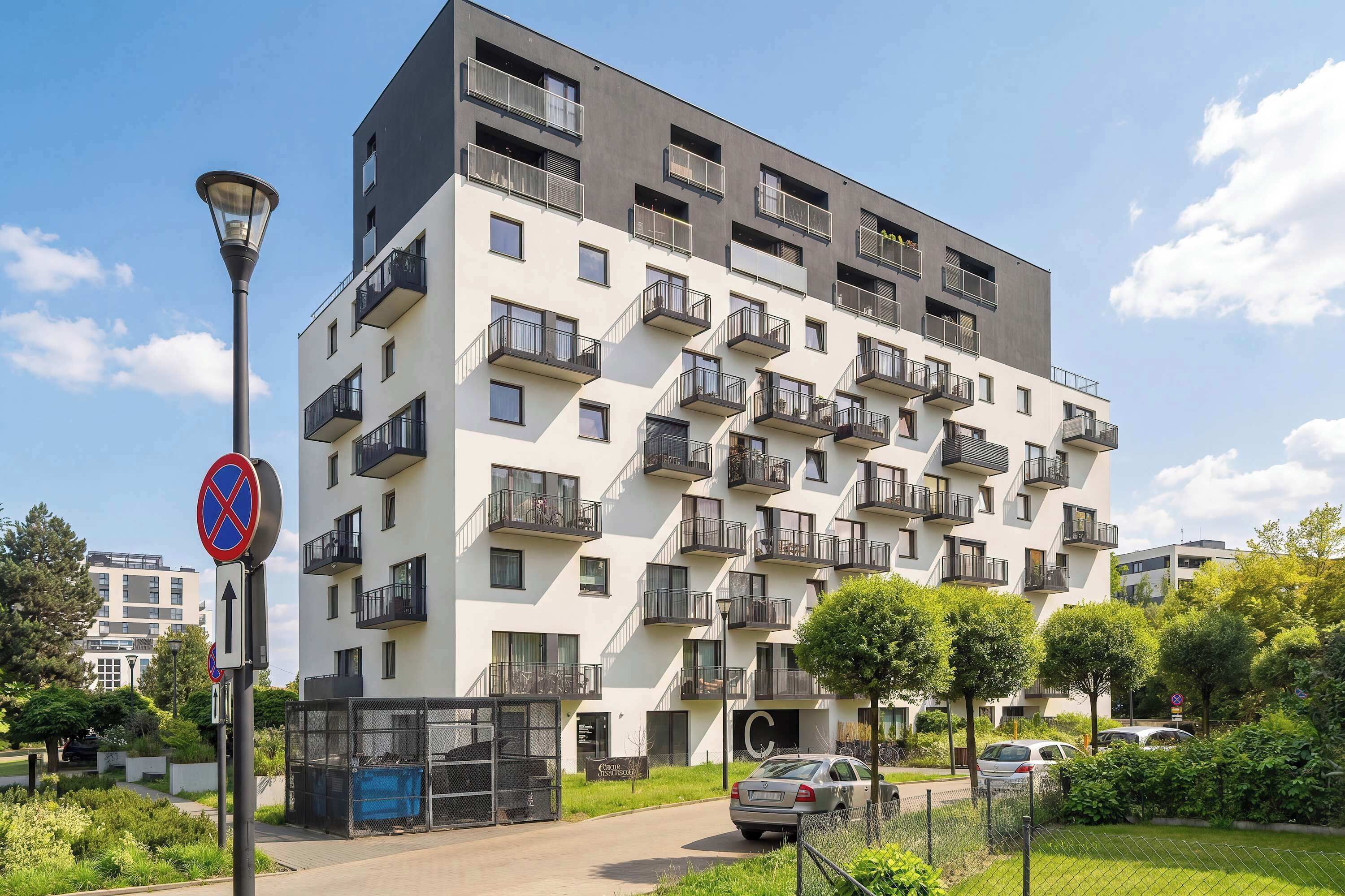 Um edifício residencial com vários andares, varandas, placa de proibido estacionar e um poste de luz.