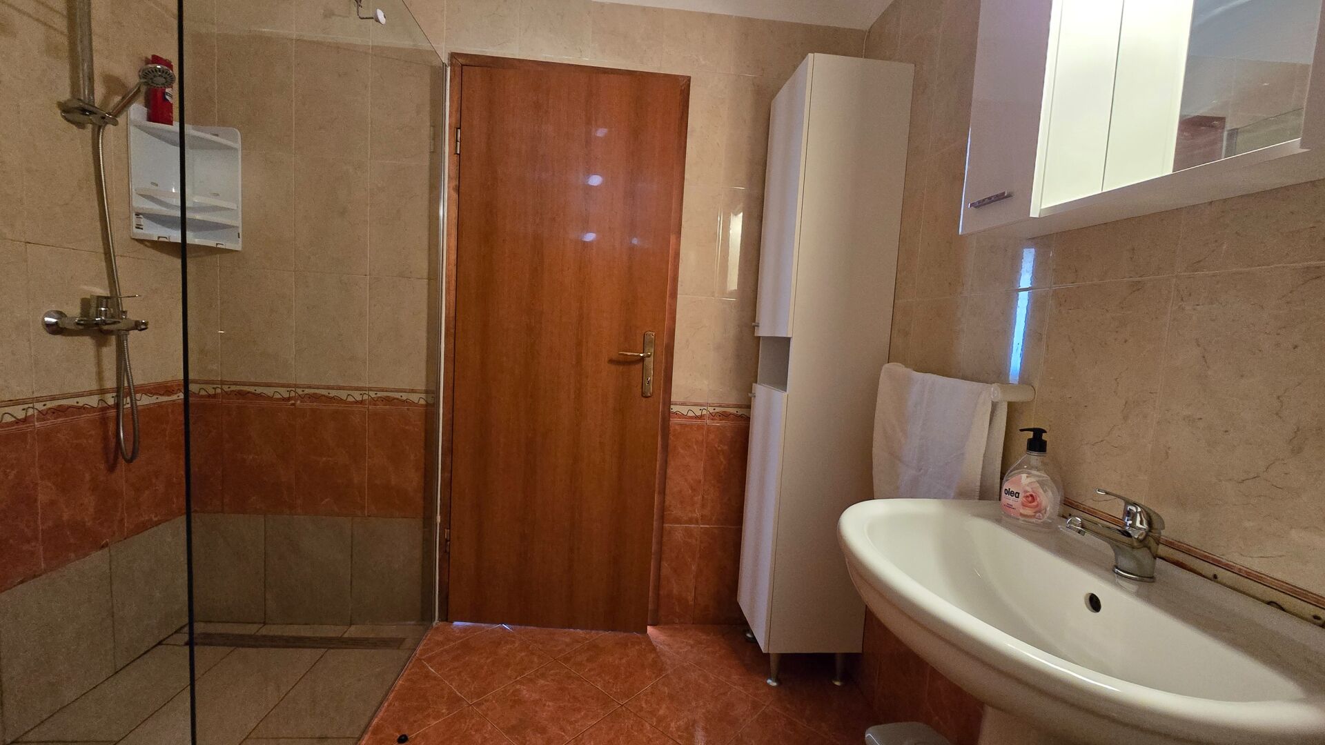 Een badkamer met een douche, een wastafel en een kast.