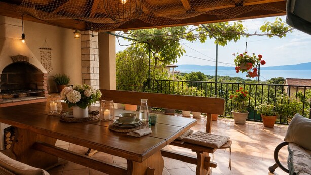 Une table en bois avec un banc, une cheminée en briques et une vue sur la verdure et les montagnes.