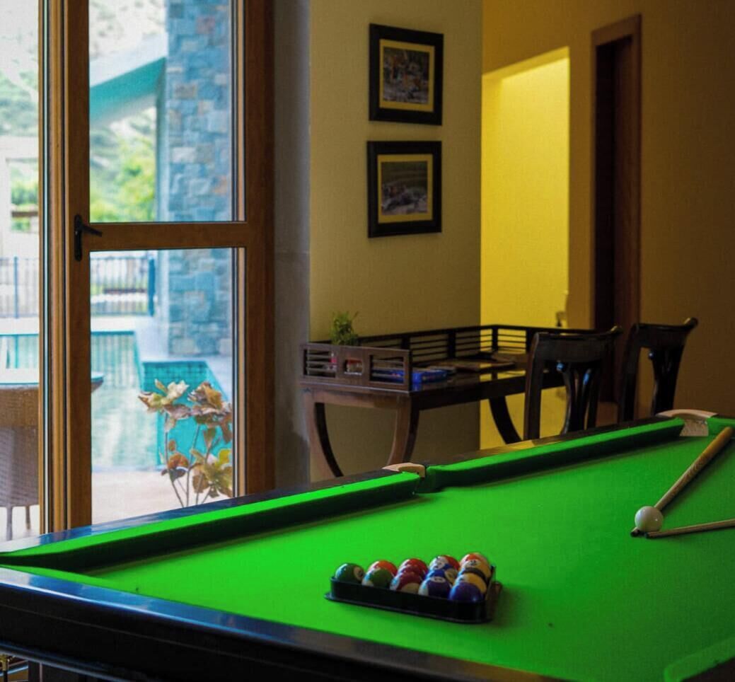 A pool table with balls, a chair, a table with a plant, and a window with a view of a building and greenery.