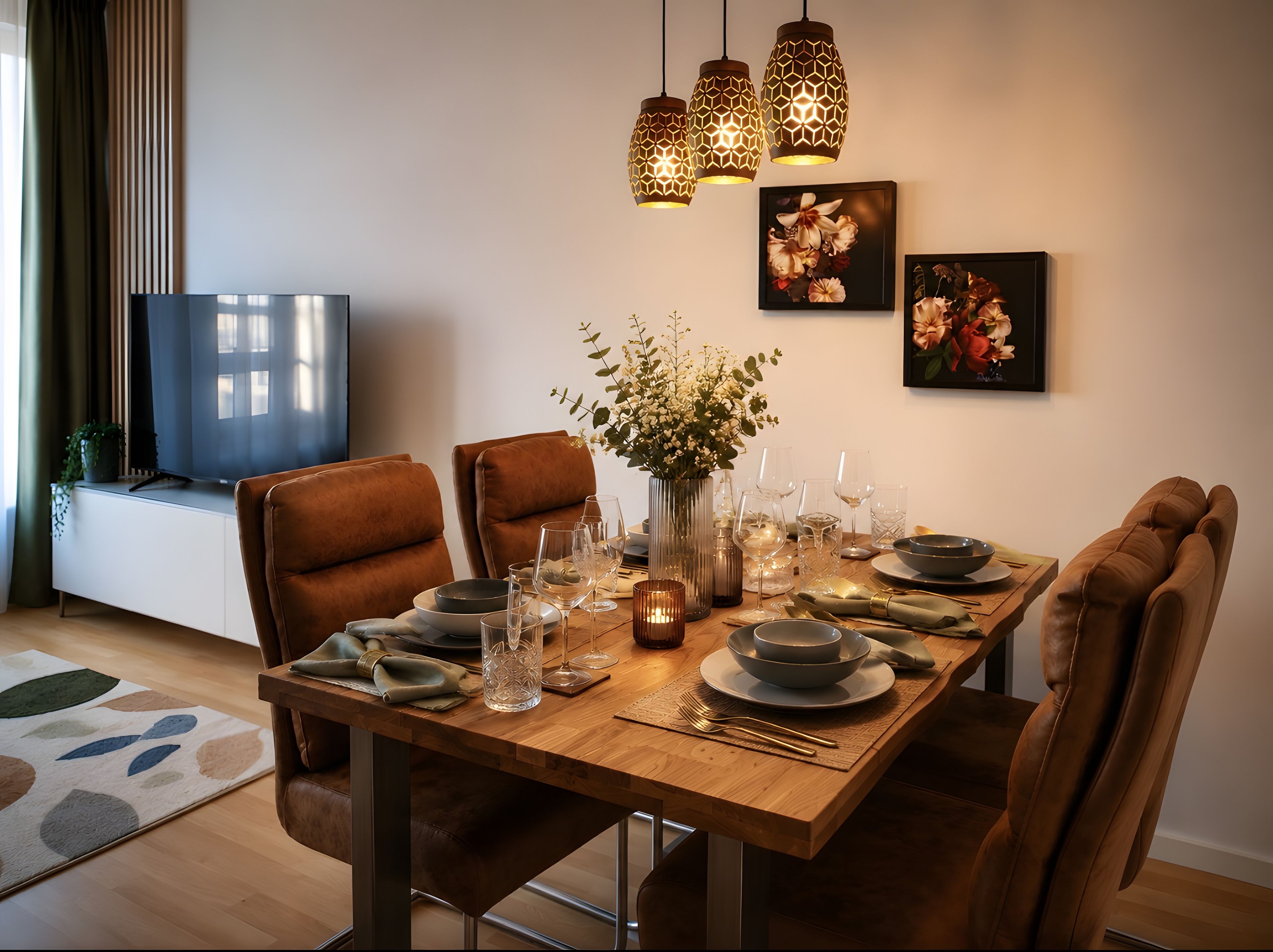 A dining area with a wooden table set for four, surrounded by leather chairs, with a vase of flowers and candle holders on the table.
