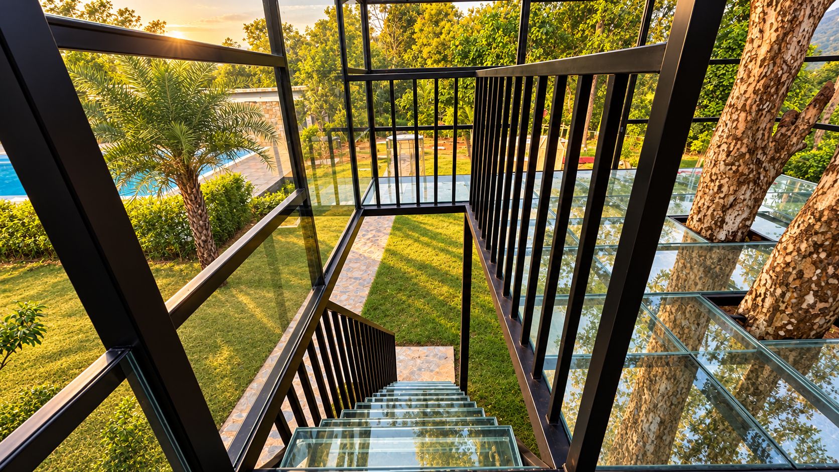 A glass-walled staircase leading to a rooftop terrace with a view of a pool and surrounding greenery.