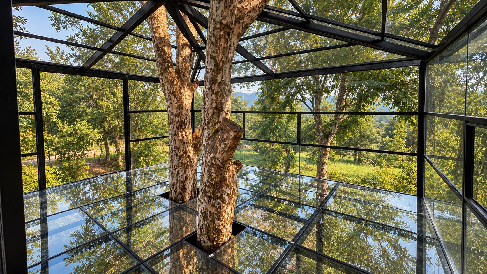 Un interior moderno con techo de vidrio que permite luz natural y vistas a los árboles exteriores.