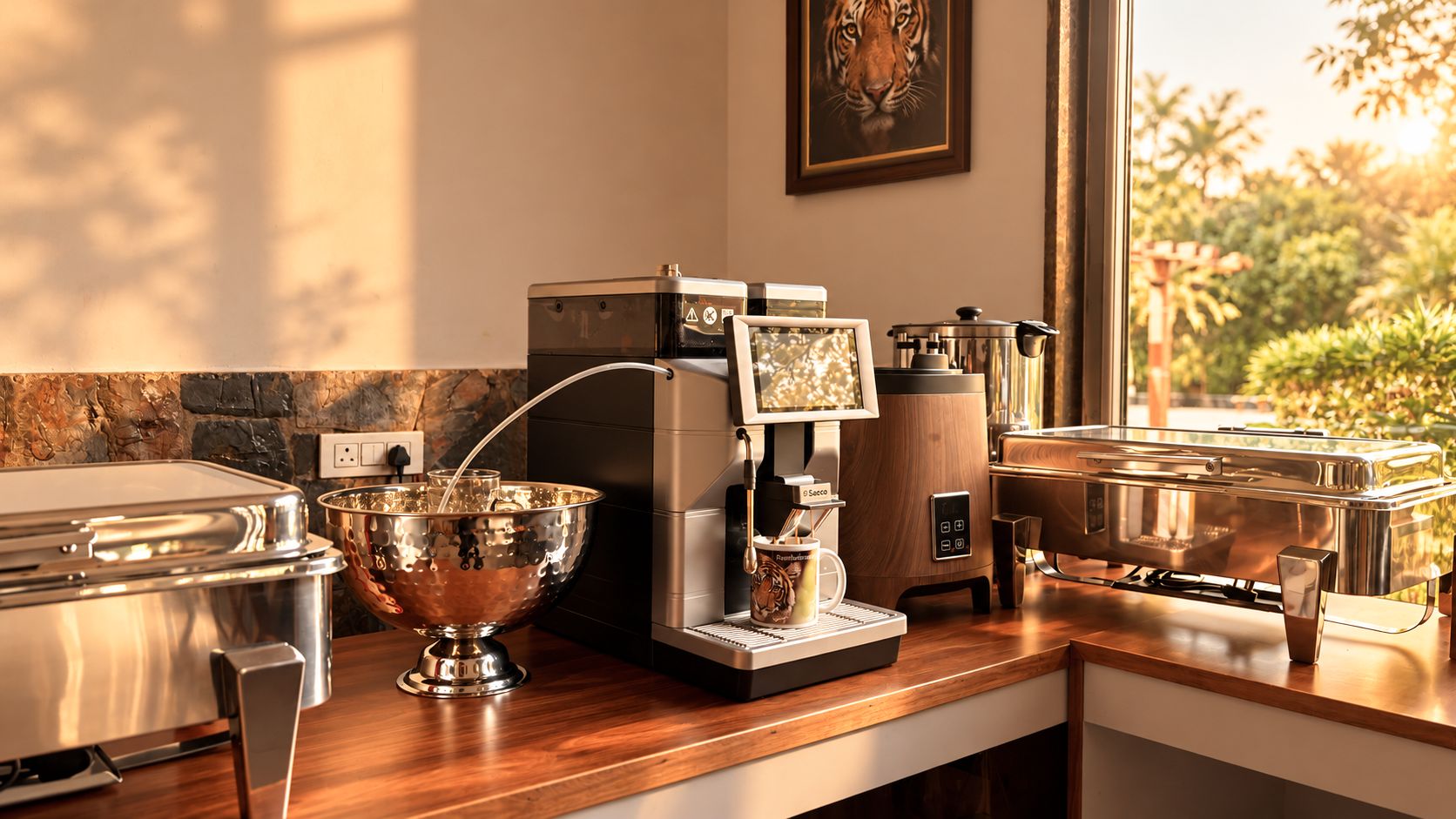 A coffee station with a coffee machine, a bowl, and a mug on a wooden counter.
