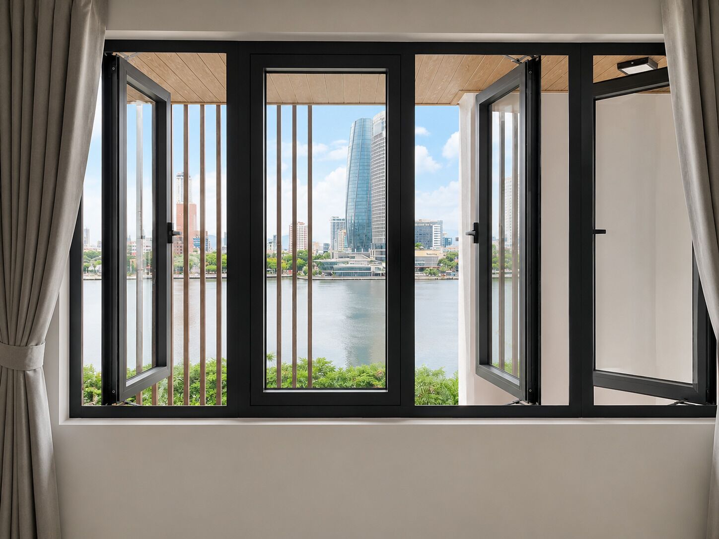 Apartamento luxo, vista para o rio | Frigobar, escrivaninha, cortinas blackout, quartos à prova de som