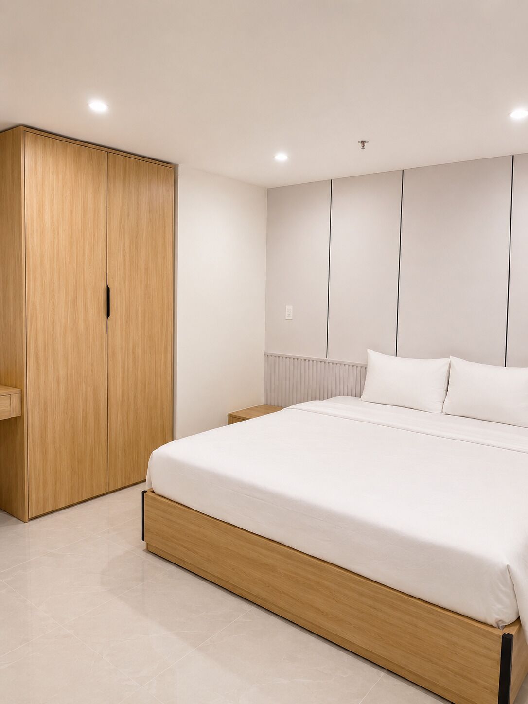 A bedroom with a large bed, wooden wardrobe, and a white headboard.
