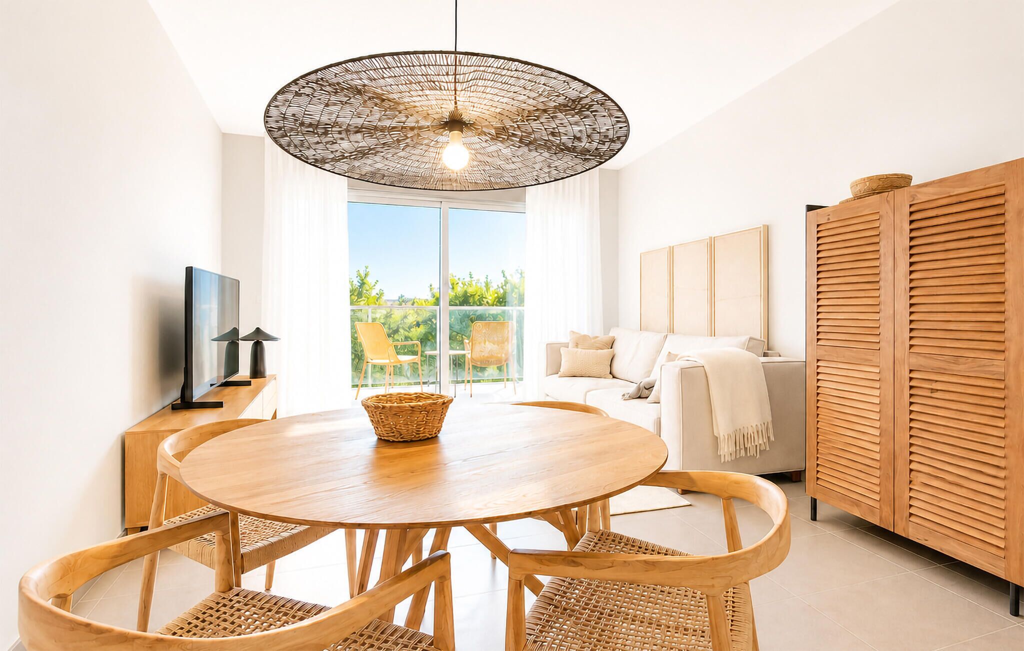 Een moderne woonkamer met een ronde houten eettafel, rieten stoelen, een geweven hanglamp, een bank en een houten kast.