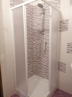 Cabina de ducha con puerta de vidrio, alcachofa de ducha y ducha de mano.