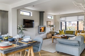 Una sala de estar moderna con chimenea, televisor de pantalla plana, comedor y sofá con vistas.