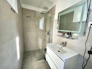 Shower, hair dryer, towels