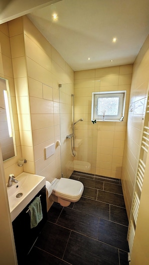 Douche, sèche-cheveux, serviettes fournies, savon