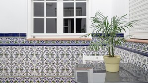 Une plante en pot posée sur une table, une fenêtre avec des stores et un mur recouvert de carreaux formant un motif décoratif.