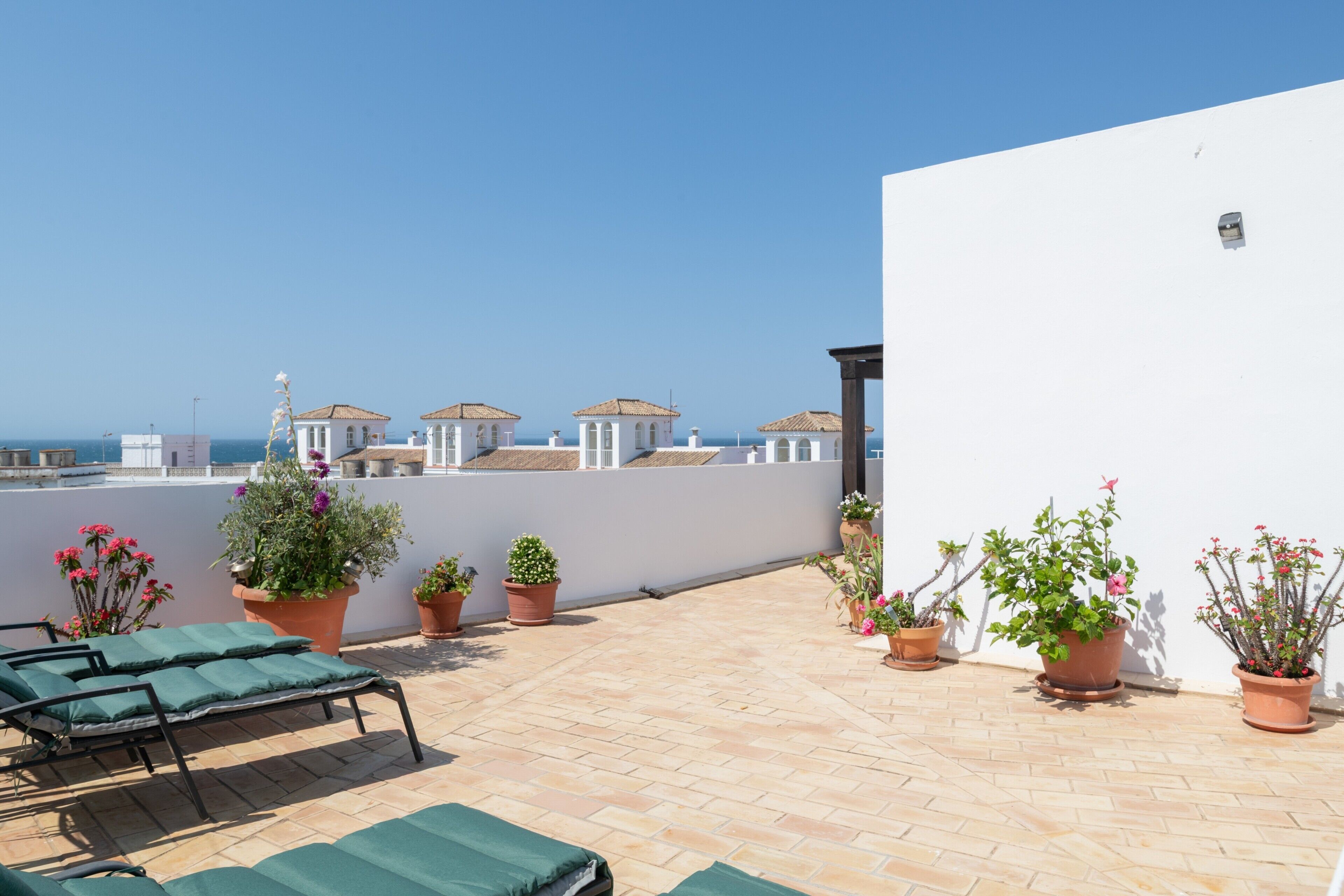 Una terrazza sul tetto con poltrone da relax, piante in vaso e vista sul mare e sugli edifici.