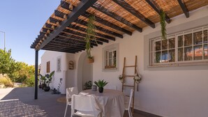 Una veranda esterna con tavolo e sedie, un pergolato con piante pendenti e una finestra vista sulla zona circostante.