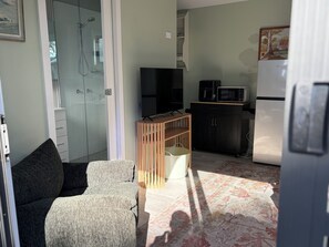 Un espace de vie compact comprenant un canapé, un téléviseur, un four à micro-ondes, un réfrigérateur, un meuble en bois et un espace douche.