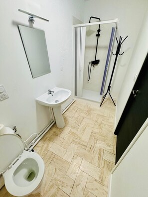 A bathroom with a toilet, sink, mirror, shower, and a herringbone-patterned floor. - Studio / Bedroom with Garden (Pessac)