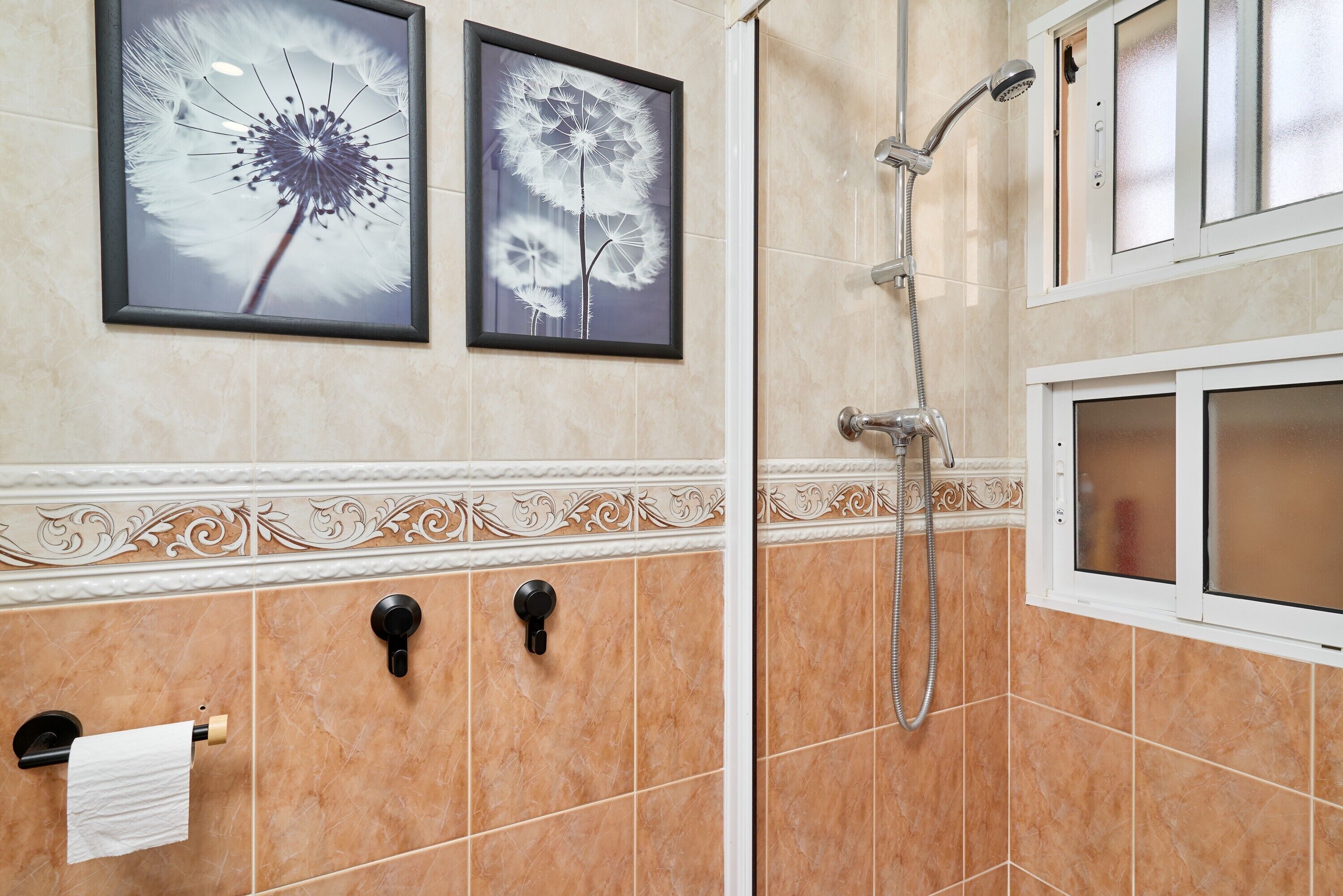 Un bagno con doccia, due quadri appesi al muro e un porta asciugamani.