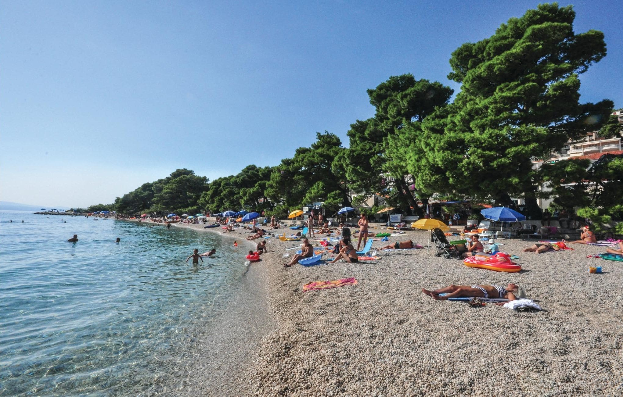 A pebbled beach with people sunbathing and swimming, surrounded by trees and umbrellas.