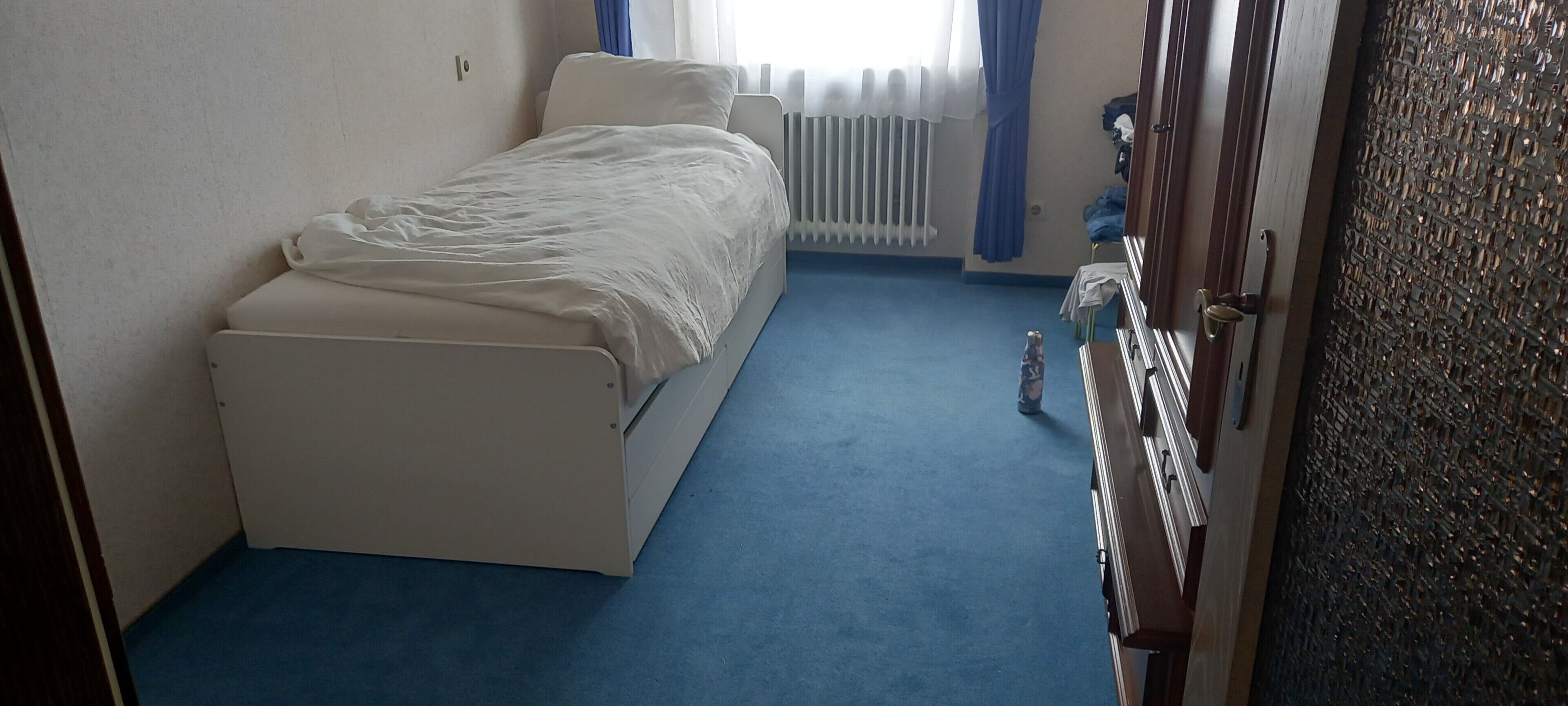 Una camera da letto con un letto singolo, un termosifone, un tappeto blu e un armadio con porta decorata.