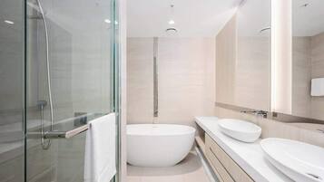 Shower, hair dryer, shampoo