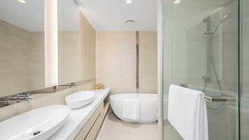 Shower, hair dryer, shampoo
