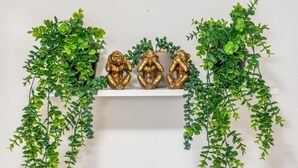 A white shelf with three golden Buddha statues flanked by green hanging plants. - 1-bed Apartment, Sleeps 6 With Balcony View in West Midlands (Birmingham)
