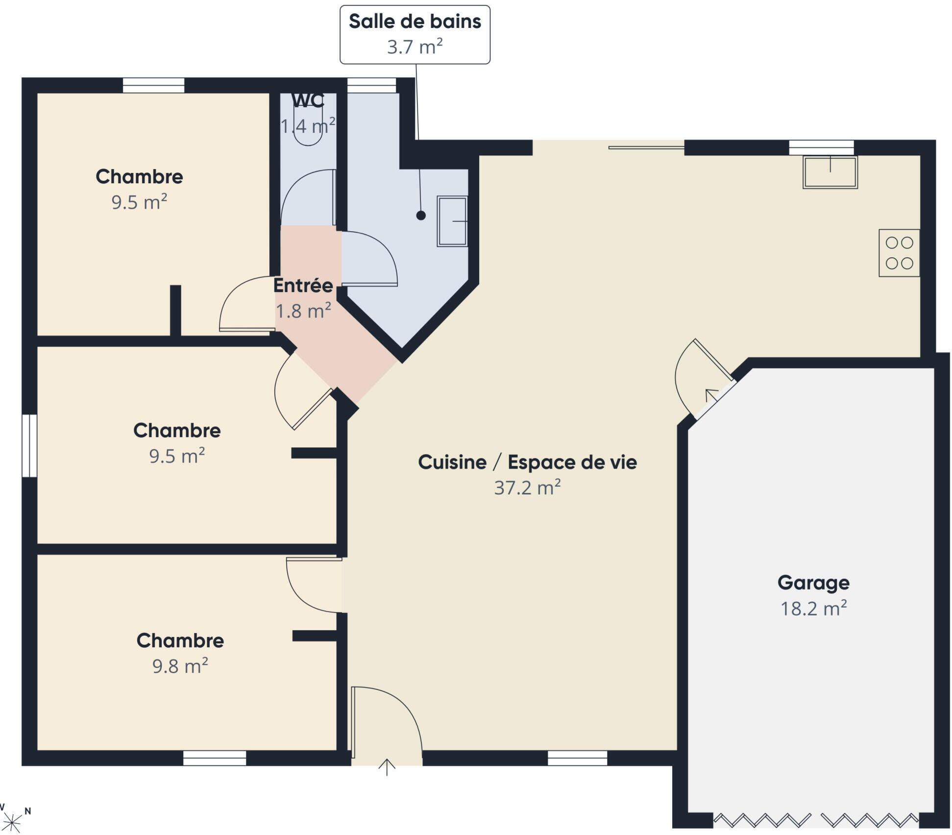 A floor plan with three bedrooms, a bathroom, a kitchen, a living area, a bathroom, and a garage.