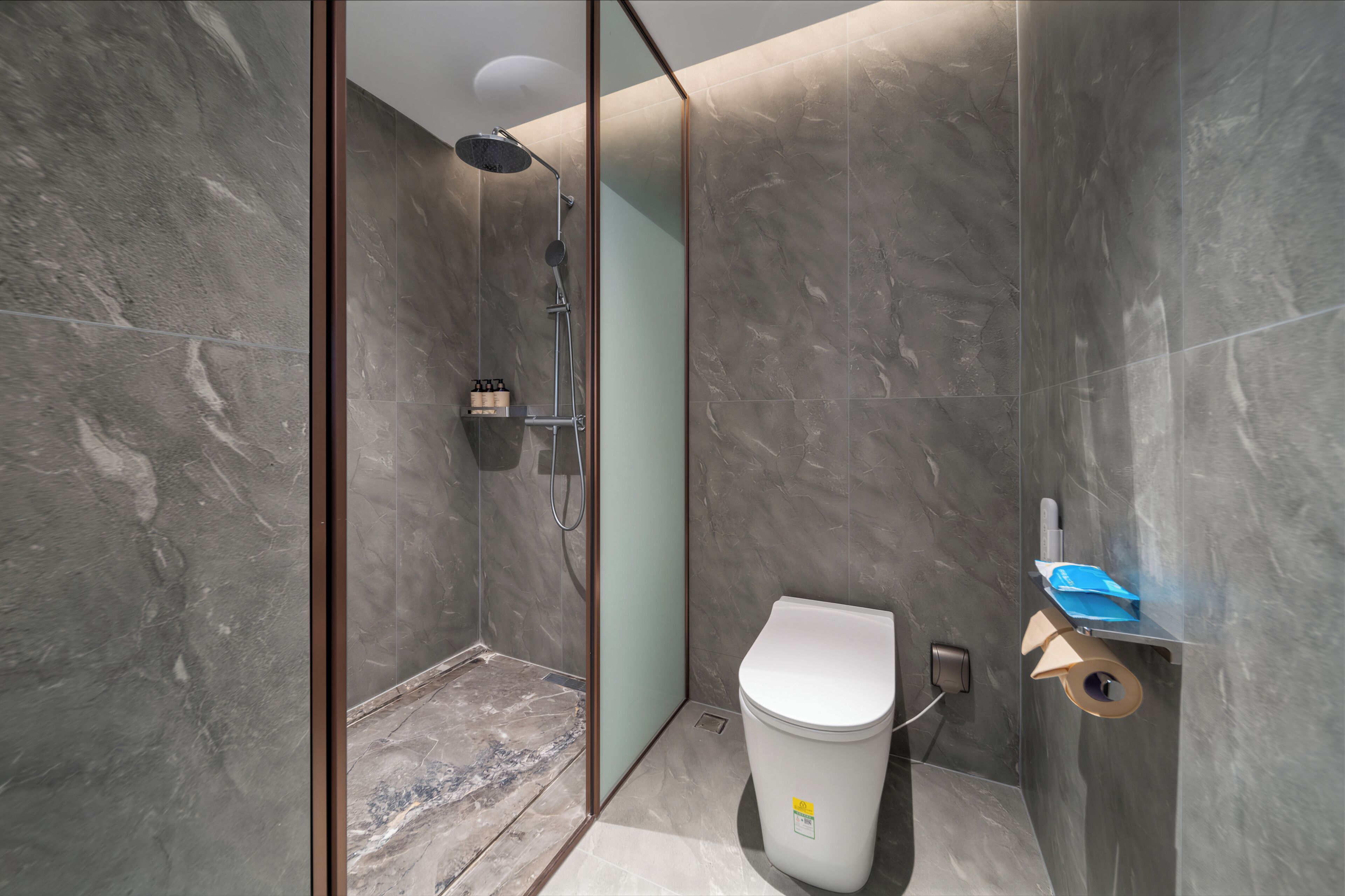 A modern bathroom with a shower, toilet, and a shelf with toiletries.