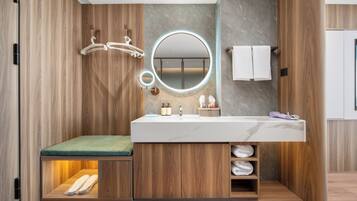 Separate bathtub and shower, hair dryer, slippers, towels