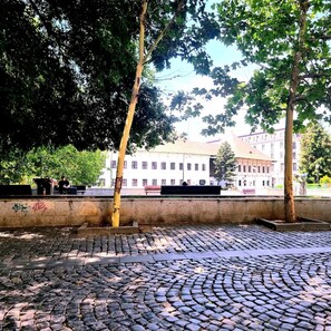 Ein Pflasterplatz mit Bäumen, ein Gebäude mit vielen Fenstern und einer Wand mit Graffiti.