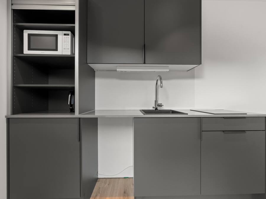 A modern kitchen with a microwave, a sink, and cabinets.