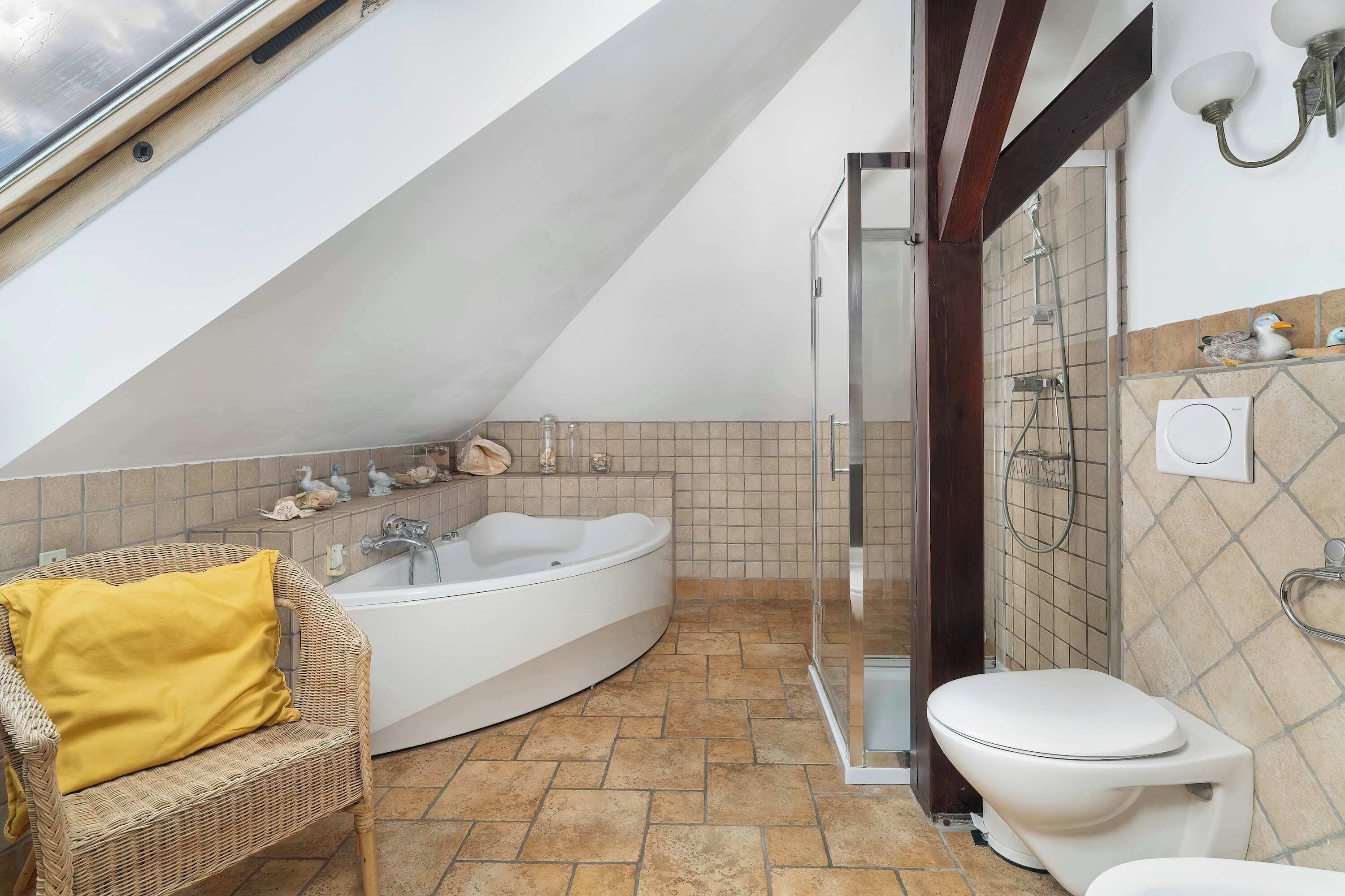 Douche, sèche-cheveux, serviettes fournies, shampoing