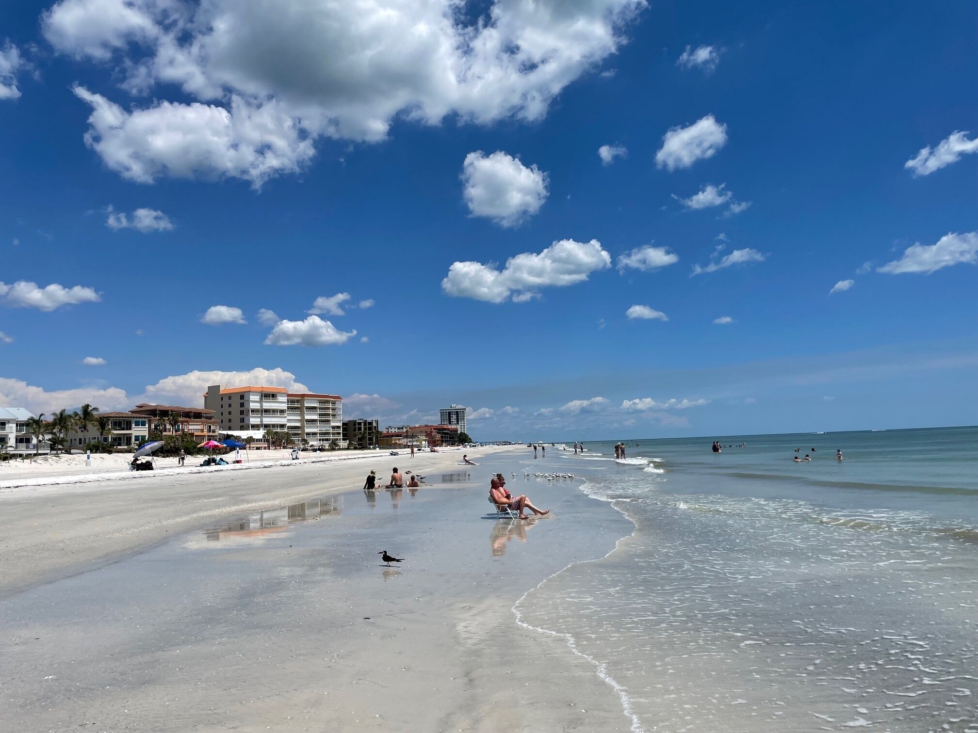 A beach with buildings in the background, clear skies, and people enjoying the water.