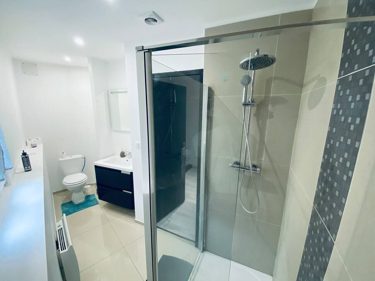 Chuveiro, secador de cabelo, toalhas de banho, papel higiênico