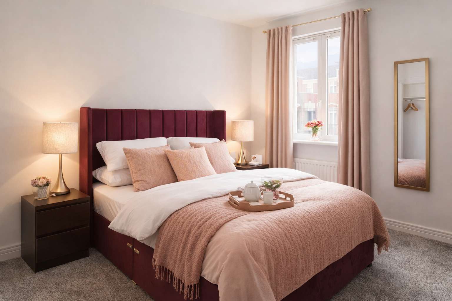 Una cama bien hecha con cabecera, mesitas de noche con lámparas, una ventana con cortinas y un espejo en la pared.