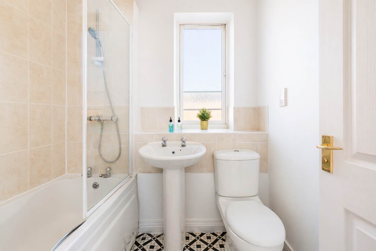 A bathroom with a shower, sink, toilet, and a small window with a plant.