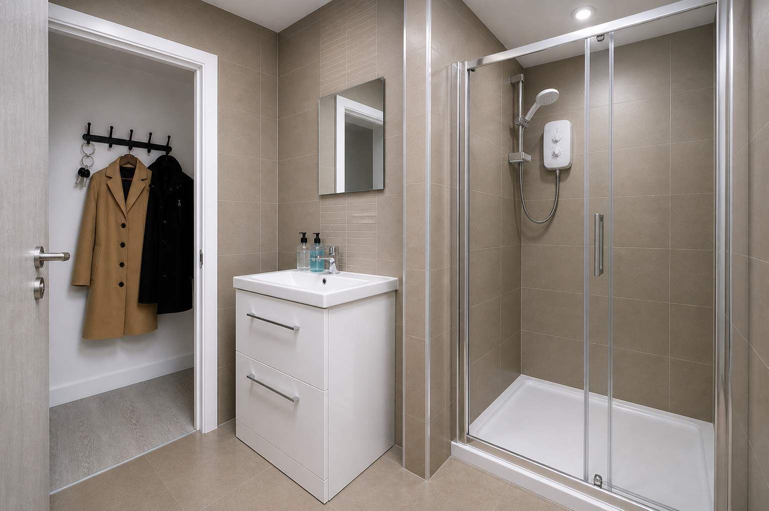Dusche, Haartrockner, Handtücher, Shampoo