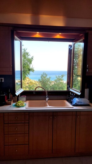 A kitchen with a large window, a sink, and a bowl of fruit on the counter.